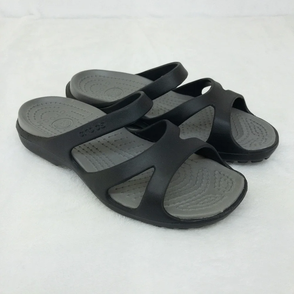 Crocs Meleen Slides Sandals Womens 7 Black Grey Comfort Lightweight Strappy